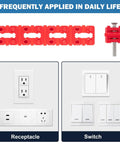 48 Piece Outlet Spacers Pack For Electrical Boxes shown with red plastic shims, installed on receptacles and switches for stable mounting.