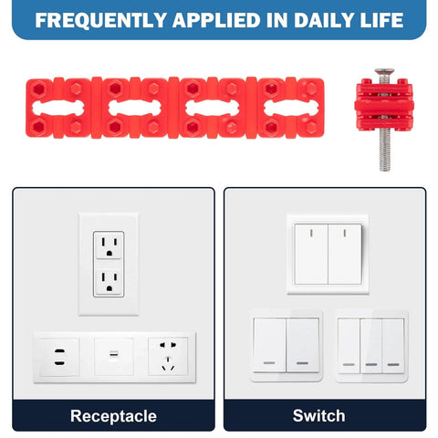 48 Piece Outlet Spacers Pack For Electrical Boxes shown with red plastic shims, installed on receptacles and switches for stable mounting.