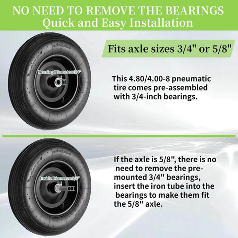 ✝️ (2 pack) 4.80/4.00-8 tire and wheel, 16" pneumatic wheelbarrow tires with 3" centered hub and 3/4" bearings, easy installation