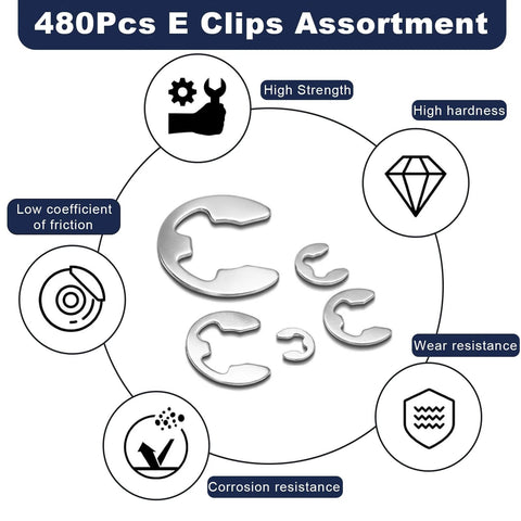 E Clip Snap Ring Assortment Kit 480Pcs with corrosion resistance features, showcasing various sizes of 304 stainless steel E clips.