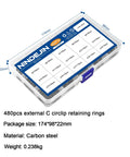 External Retaining Rings Kit Circlip Snap Ring Set for Shafts and Grooves in carbon steel packaging, labeled sections