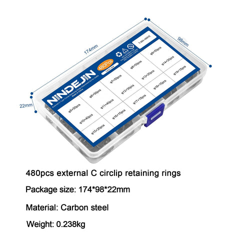 External Retaining Rings Kit Circlip Snap Ring Set for Shafts and Grooves in carbon steel packaging, labeled sections