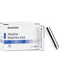 McKesson alkaline AAA batteries, 1.5V, 24-pack box with two AAA cells outside.