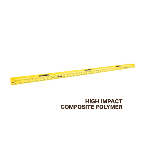 Durable 48 inch polystyrene level with 0.001 inch accuracy, built in the USA, featuring three vials, yellow, composite polymer