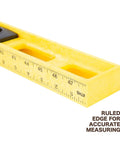 Close-up of a Durable 48 inch polystyrene level with 0.001 inch accuracy, built in the USA, showing ruled edge and vials