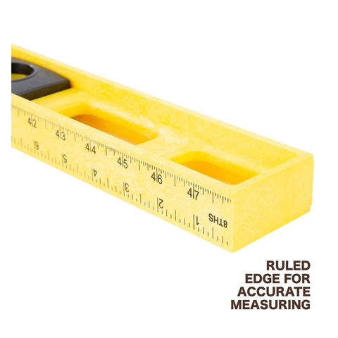 Close-up of a Durable 48 inch polystyrene level with 0.001 inch accuracy, built in the USA, showing ruled edge and vials