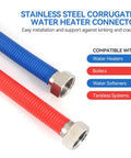 Image of 48 Inch Flexible Stainless Steel Corrugated Water Heater Connector with blue and red color coding, shown with nuts.