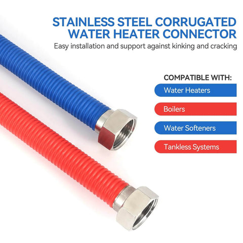 Image of 48 Inch Flexible Stainless Steel Corrugated Water Heater Connector with blue and red color coding, shown with nuts.