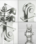 48mm Wheel Cable Pulley Wall Mount With Two Ball Bearings in steel and stainless steel ropes, shown in various angles and setups
