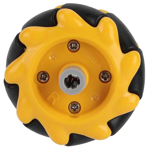 Front view of yellow 48mm Mecanum wheel for TT geared motor in DIY robotics, featuring rubber coating for superior grip and control.