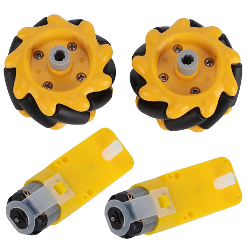 Mecanum wheel for TT motor set for robot car with yellow and black 48mm wheels and TT geared motors for omni-directional movement.