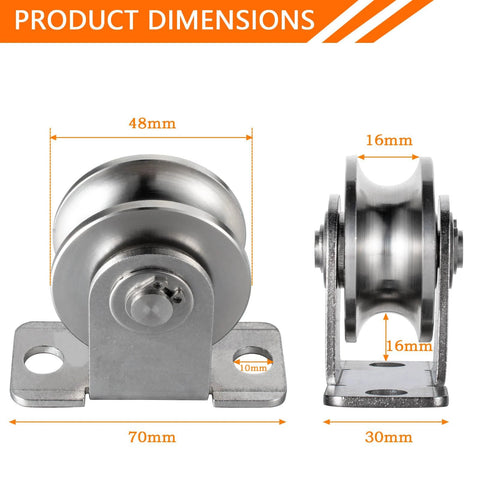 Front and side view of 48mm Cable Pulley Wheel Wall Mount, Bearings Inside, Stainless Steel Rope Pulley for Pulley System, Sliding Gate 1Pcs.