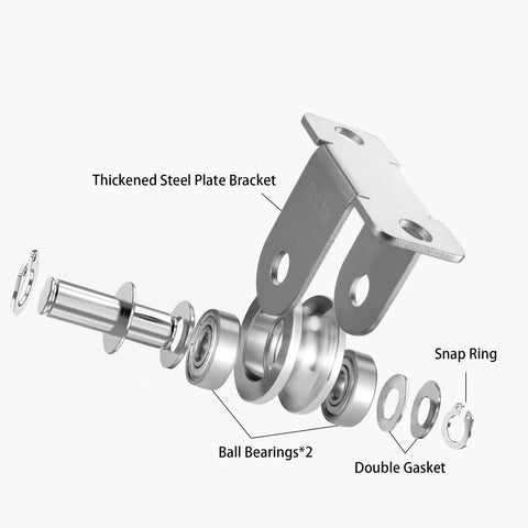 Exploded view of 48mm Cable Pulley Wheel Wall Mount, Bearings Inside, Stainless Steel Rope Pulley for Pulley System, Sliding Gate 1Pcs.