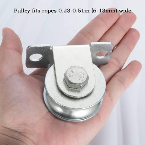 48mm Wheel Cable Pulley Wall Mount With Two Ball Bearings In Bearing Steel shown held in a hand, suitable for 0.23-0.51in ropes.