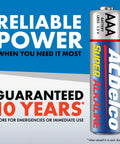 AAA alkaline battery image with text "Reliable Power" and "Guaranteed 10 Years" for 48 Pack AAA Alkaline Batteries Reclosable Packaging For Home Office Use.