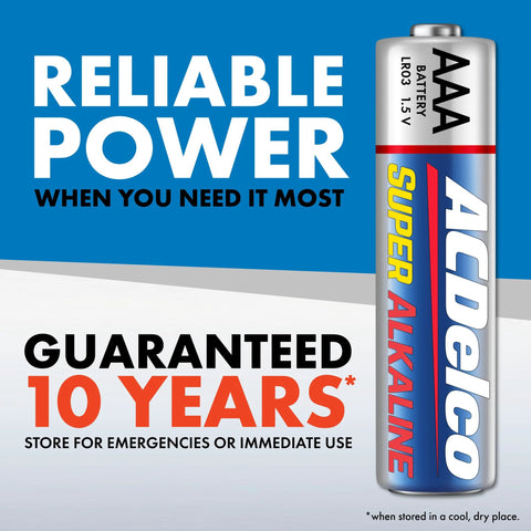 AAA alkaline battery image with text "Reliable Power" and "Guaranteed 10 Years" for 48 Pack AAA Alkaline Batteries Reclosable Packaging For Home Office Use.