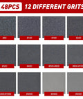 48 Pcs 3 Inch Round Sanding Sponge Set Grit 80 To 3000 For Wood Metal Auto Body showing 12 different grits in a grid format.