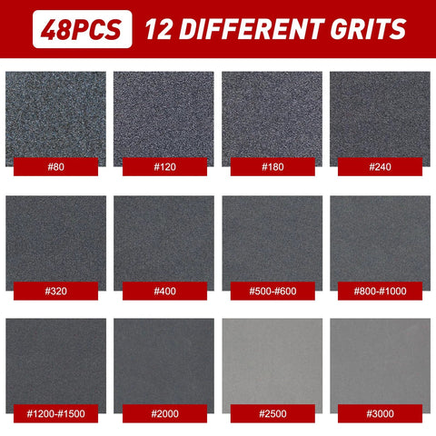 48 Pcs 3 Inch Round Sanding Sponge Set Grit 80 To 3000 For Wood Metal Auto Body showing 12 different grits in a grid format.