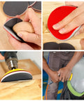 Collage showing 48 Pcs 3 Inch Round Sanding Sponge Set Grit 80 To 3000 For Wood Metal Auto Body being used on wood and auto surfaces.