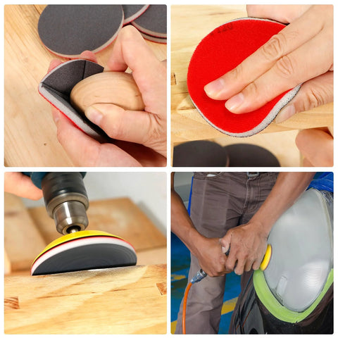 Collage showing 48 Pcs 3 Inch Round Sanding Sponge Set Grit 80 To 3000 For Wood Metal Auto Body being used on wood and auto surfaces.