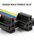 2 Pack 48V 40A Car Relay Harness With 4 Pin SPST, 12AWG harness sockets shown with wiring and unique male-female slot