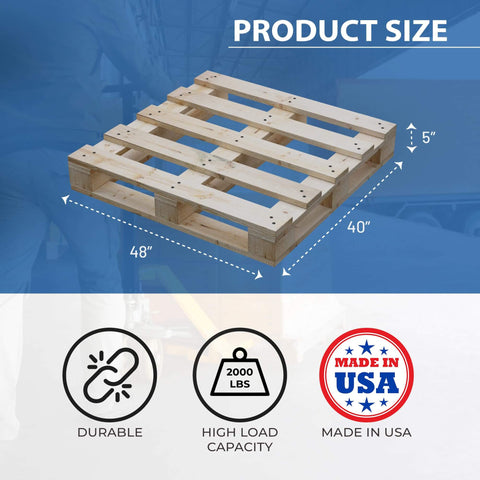 Heavy Duty 48 By 40 By 5 Inch Wooden Pallet Kit For Industrial Warehousing Unassembled Flat Pack Stackable And Reusable Lightweight Pinewood Pallet Greaton For Warehouse Supermarket And Indoor Storage, showing product size and features