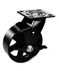 4" inch heavy duty caster wheel 441 lbs - center brake black cast iron - top plate mount built for smooth motion, side view