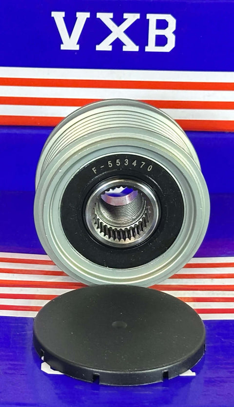 F‑553470 / 535001210 Alternator Freewheel Pulley 6 Rib 61 mm OD with black cover and silver finish