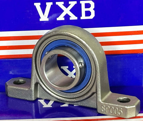 25mm Bore Miniature Stainless Steel Pillow Block Mounted Bearing on a blue and red background.