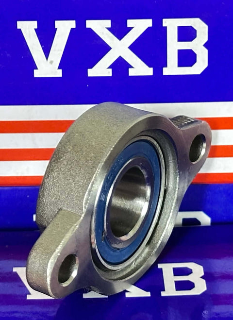 17mm Miniature Flanged Block Stainless Steel Mounted Bearing against a blue background with VXB logo.
