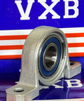 15mm Bore Miniature Stainless Steel Pillow Block Mounted Bearing displayed against a branded background.