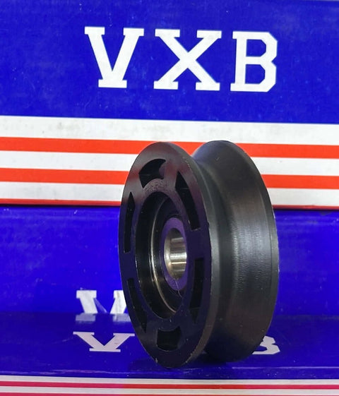 10mm Bore Bearing - 50mm Round Pulley V-Groove Track Roller Bearing 10x50x16mm front view on branded background