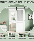 Multi-scene installation of Half Frosted Glass Upper Panel Sliding Barn Door With White Primed Solid Wood and hardware kit.