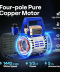 Upgraded 4CFM One Third HP HVAC Vacuum Pump With 4 Way Manifold Gauge Set Leak Detector showing four-pole pure copper motor