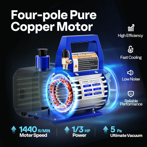 Upgraded 4CFM One Third HP HVAC Vacuum Pump With 4 Way Manifold Gauge Set Leak Detector showing four-pole pure copper motor