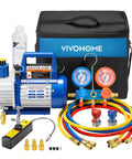 High Performance 4 CFM Single Stage Rotary Vane Vacuum Pump With R134a AC Manifold Gauge Set Leak Detector Carry Bag 110V One Third HP For HVAC And Refrigeration Recharging ETL Listed VIVOHOME