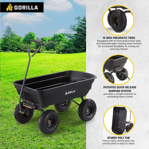Poly Garden Dump Cart with 4 Cu Ft Tub 600 LB Haul Capacity Heavy Duty Utility Wagon with Quick Release Dumping and Pneumatic Tires