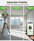 Effortlessly align rooms with this 4D 360° self leveling laser level featuring a motorized base, Bluetooth app control, four bright green 360° lines, and a large LCD display for fast, precise layout on walls, ceilings, and floors. Tripod mounted laser with phone app control in room.