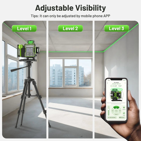 Effortlessly align rooms with this 4D 360° self leveling laser level featuring a motorized base, Bluetooth app control, four bright green 360° lines, and a large LCD display for fast, precise layout on walls, ceilings, and floors. Tripod mounted laser with phone app control in room.