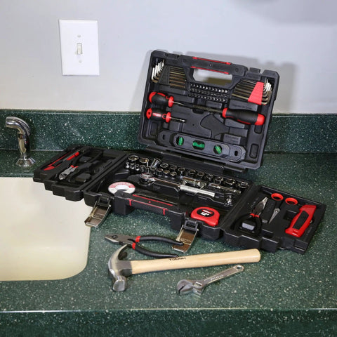 All In One 118 Piece Home Repair Tool Set With Hammer, Adjustable Wrench, Pliers, Level And Ratchet Socket Kit for DIY projects