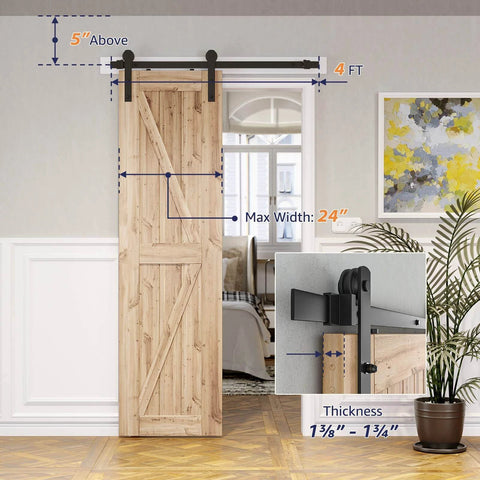 Installed 4ft Barn Door Hardware Kit with I shape hanger, heavy duty sliding door track, designed for 24 inch wide door panels.