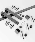 4ft Barn Door Hardware Kit with I shape hanger, carbon steel sliding door track, nylon rollers, screws, and hardware components displayed.