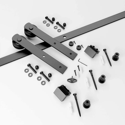 4ft Barn Door Hardware Kit with I shape hanger, carbon steel sliding door track, nylon rollers, screws, and hardware components displayed.