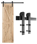 4ft Barn Door Hardware Kit with I shape hanger, shown on a wooden door, includes carbon steel track and smooth nylon rollers