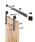 Assembly view of 4ft Barn Door Hardware Kit with I shape hanger and carbon steel sliding track, featuring nylon rollers for 24 inch doors.