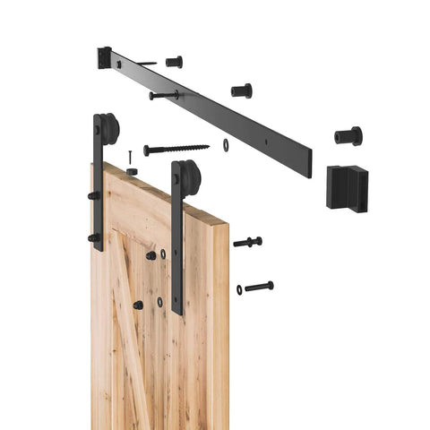 Assembly view of 4ft Barn Door Hardware Kit with I shape hanger and carbon steel sliding track, featuring nylon rollers for 24 inch doors.