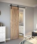 4ft Barn Door Hardware Kit with I shape hanger, heavy duty sliding door track installed in bedroom on wood door
