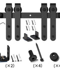 4ft Double Door Sliding Barn Door Hardware Kit For Cabinets Wardrobes And TV Stands With Carbon Steel Construction Black Powder Coated Finish Featuring Rails Supports Rollers And Stoppers Included For Doors Up To 100 Lbs And Nine Sixteenths To Thirteen displayed with screws and components.