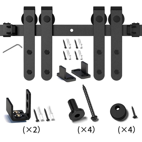 4ft Double Door Sliding Barn Door Hardware Kit For Cabinets Wardrobes And TV Stands With Carbon Steel Construction Black Powder Coated Finish Featuring Rails Supports Rollers And Stoppers Included For Doors Up To 100 Lbs And Nine Sixteenths To Thirteen displayed with screws and components.