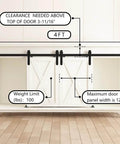 4ft Double Door Sliding Barn Door Hardware Kit For Cabinets Wardrobes And TV Stands With Carbon Steel Construction Black Powder Coated Finish Featuring Rails Supports Rollers And Stoppers Included For Doors Up To 100 Lbs And Nine Sixteenths To Thirteen installed on a white cabinet